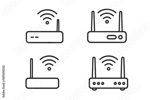 Wi-Fi router line icon set. Wireless internet modem with signal wave symbol. Network technology outline pictogram collection for web. Broadband data connection vector illustration.