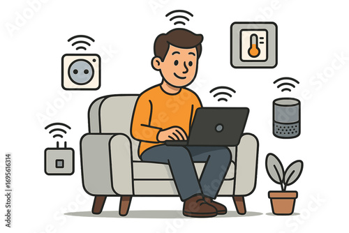 Smart home devices wireless connection for seamless automation and energy efficiency in modern living spaces, vector cartoon illustration technology, smart control systems