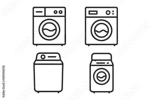 Washing machine icon set. Minimalist linear vector icons of various washers for home appliance concepts. Laundry and cleaning symbols. Household equipment pictogram collection.