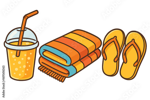 Summer beach essentials including refreshing drinks, colorful striped towels, and vibrant flip-flops for a perfect sunny day, vector cartoon illustration, ordered set with transparent background