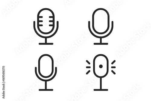 Minimalist linear microphone icon set for audio and podcasting designs. Mic collection for web and mobile. Record sound symbol. Voice recording outline pictogram pack. Vector.