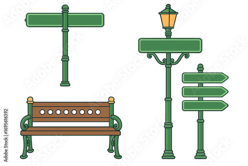 Vector cartoon set of Malioboro street signs, Yogyakarta, Indonesia. City park furniture illustration with bench, street lamp, and signposts. Urban travel and tourism icons.