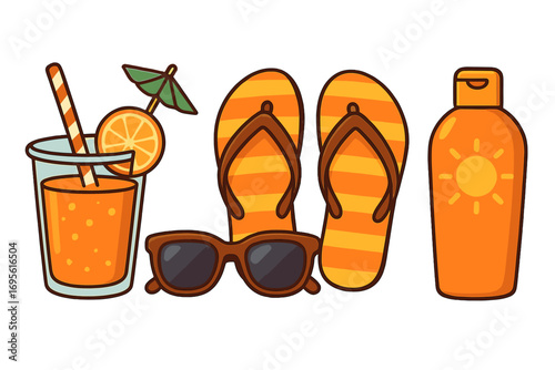 Summer vacation essentials with refreshing orange drink, stylish sunglasses, striped flip flops, and sunscreen bottle for sunny beach day, vector cartoon illustration with transparent background