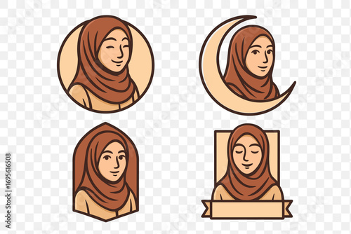 Set of Muslim hijab girl logo designs. Vector cartoon mascot illustration collection for Islamic fashion brand, beauty boutique or halal business. Female portrait emblem pack.