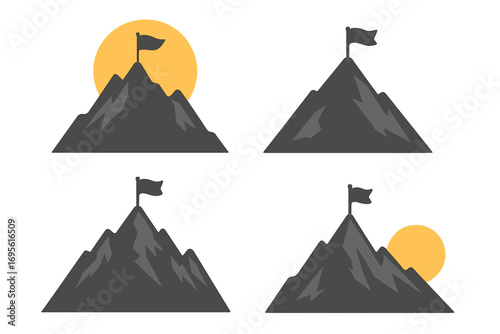 Mountain with flag on peak icon set. Symbol of success, goal, achievement, mission accomplished. Metaphor for business leadership, winning, victory, and reaching the top.