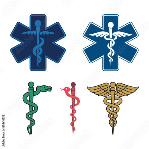 Set of medical symbols including the Rod of Asclepius and the Caduceus in various colors and styles