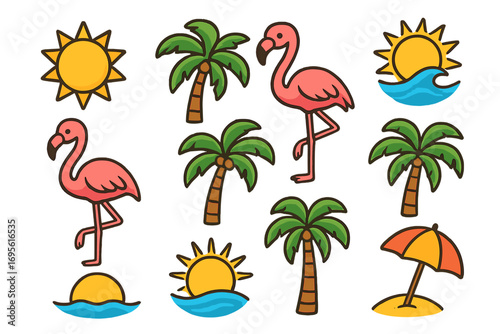 Summer beach icons with flamingos, palm trees, sunny waves, sun umbrella, sunset scenes, coastal tropical vibes, cartoon vector illustration, transparent background, vibrant coastal designs