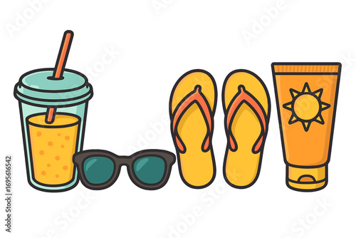 Summer vacation essentials set with refreshing drink, stylish sunglasses, comfortable flip flops, and sunscreen lotion with sun symbol, beach holiday preparation vector cartoon illustration