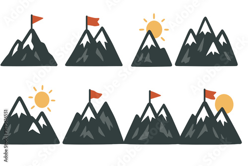 Mountain icon set with flag on peak and sun. Metaphor for success, goal achievement, mission accomplished, leadership, and reaching the top. Vector for business motivation.