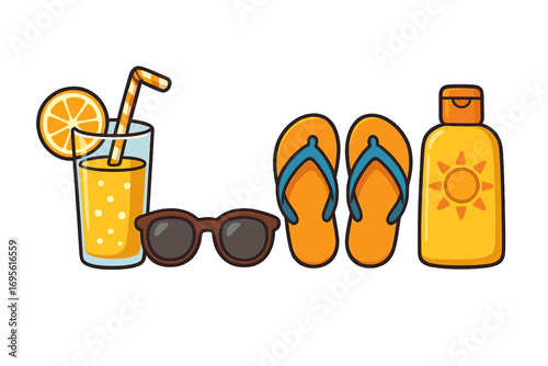 Summer vacation essentials with refreshing orange drink, stylish sunglasses, comfortable flip flops, and protective sunscreen for a fun beach day. Vector cartoon illustration