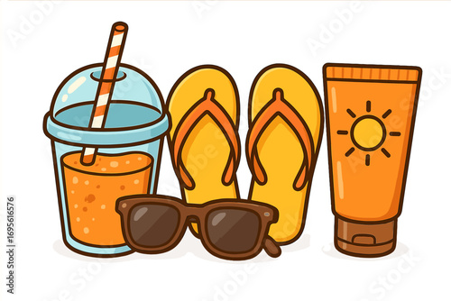 Summer vacation essentials with refreshing drink, stylish sunglasses, bright yellow flip flops, and protective sunscreen, beach day vector cartoon illustration transparent background