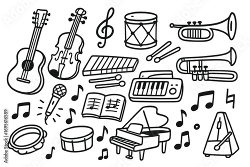 Hand-drawn musical instrument icon set. Doodle-style vector collection of music practice elements like piano, guitar, violin, trumpet, and drums. Black and white cartoon.