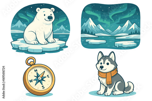 Polar adventure icon set. Cute cartoon polar bear on an ice floe, a husky dog, a compass, and an arctic landscape with northern lights. Winter vector illustration collection.