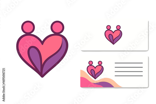 Loving heart with two figures embracing inside, abstract couple icon symbolizing unity, togetherness, relationship bonds, love, connection, and partnership in vibrant pink and purple colors