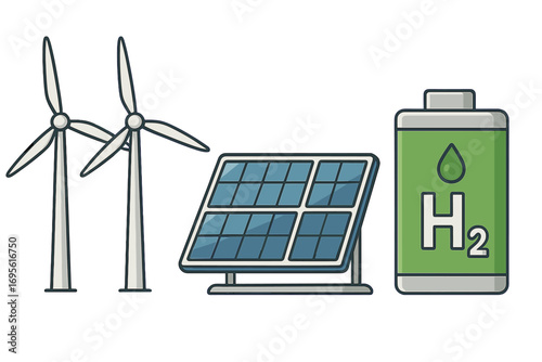 Renewable energy icons set. Wind turbines, solar panel, and hydrogen battery symbol. Sustainable technology for green power generation. Eco friendly electricity concept vector cartoon.
