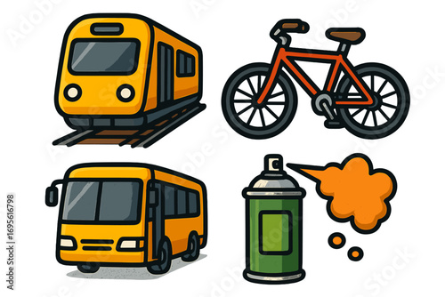 Urban transportation and street art icons with yellow city mobility vehicles and artistic spray paint can. Vector cartoon illustration set highlighting creative urban culture and city travel options.
