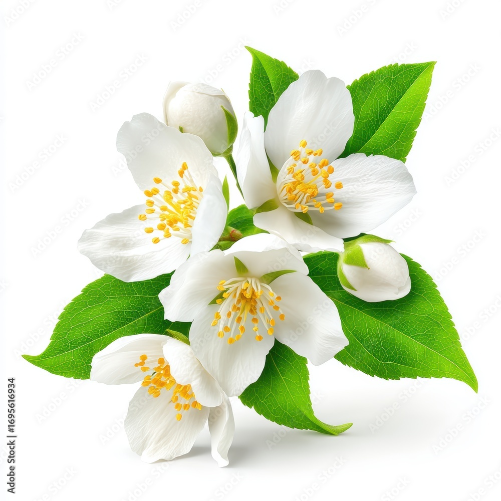 Obraz premium White jasmine flowers with vibrant green leaves and yellow stamens, beautifully arranged on a white background