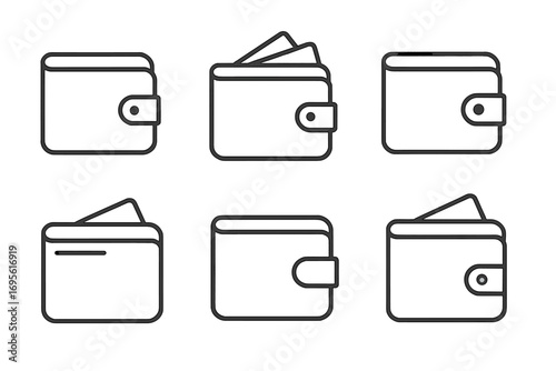 Minimalist wallet outline icon collection. Vector symbols for finance, money, cash, and payment. Business and banking graphic elements for web and app design. Simple line art.