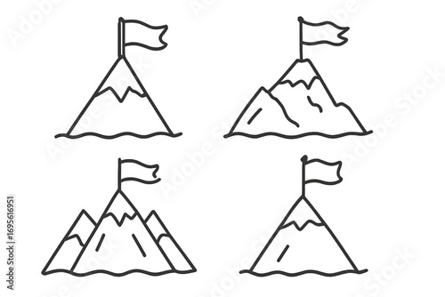 Mountain with flag on peak line icon set. Symbol of success, goal achievement, victory, and reaching the top. Business mission accomplished vector illustration collection.