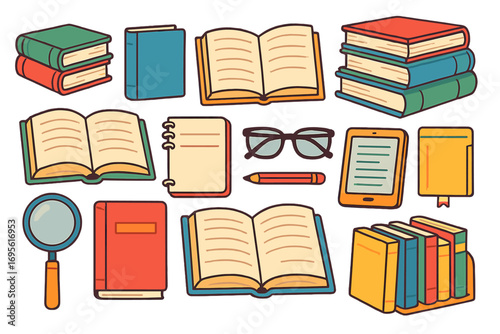 Colorful books and reading materials collection with accessories, open books, notebook, glasses, magnifying glass, e-reader, bookshelf, educational and learning concepts, vector cartoon illustration