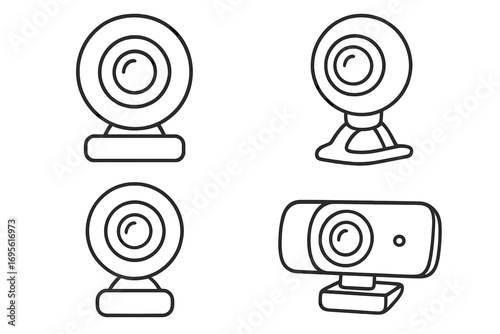 Webcam line art collection for technology concepts. Vector icons set for video conference, streaming, online communication. Digital device and computer peripheral design.