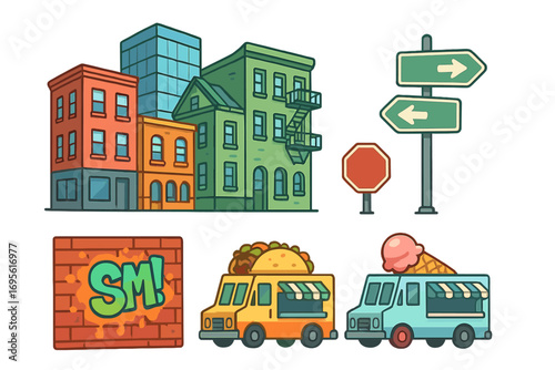 Urban elements with colorful city buildings, street signs, graffiti art, and vibrant food trucks, cartoon vector illustration for city life and street culture designs