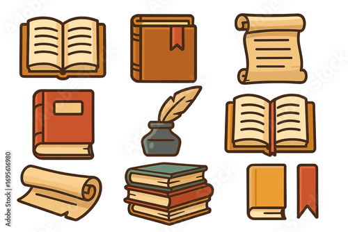 Various icons of books, scrolls, ink bottles, bookmarks representing literature, study materials, education, reading, learning tools, knowledge symbols, vintage and modern styles illustration