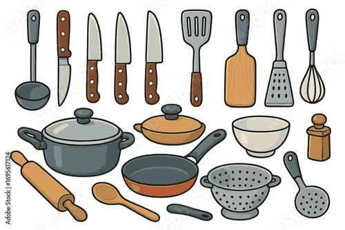 Kitchen utensils collection in creative layout, featuring essential cooking tools and equipment for meal preparation, chopping, stirring, frying, and baking. Vector cartoon illustration