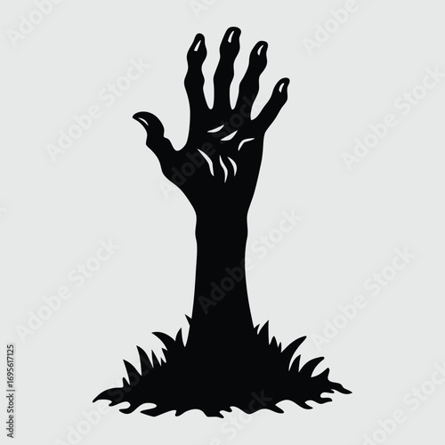 Scary zombie hand emerging from grave silhouette, ideal for haunted house themes, stickers, apparel, and Halloween party projects.