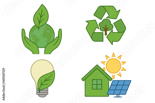 Sustainability icon set. Environmental awareness symbols with planet, recycle sign, solar panel house, and green energy lightbulb. Eco friendly vector cartoon illustration.
