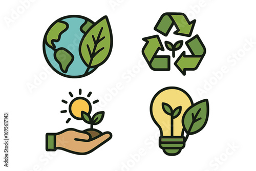 Sustainability icon set vector. Environmental awareness symbols. Ecology concept illustration. Green energy, recycling, nature conservation, eco-friendly earth signs.