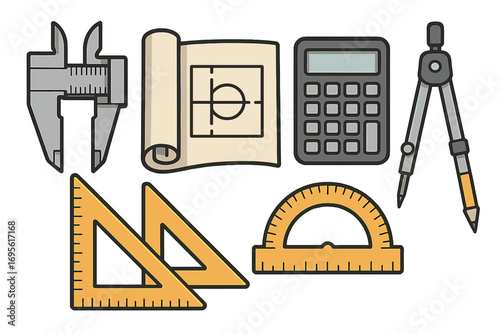 Set of cartoon tools for precise measurement & calculation in engineering & architecture projects. Vector illustration with caliper, blueprint, calculator, compass & rulers.