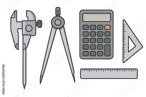 Set of tools for precise measurement and calculation in engineering and architecture. Vector icons of caliper, compass, calculator, and ruler for technical drawing projects.