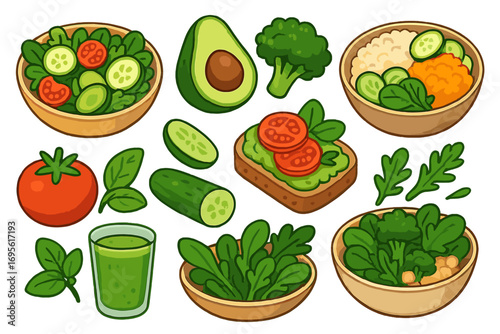 Vibrant healthy food illustrations with plant-based ingredients and dishes, featuring fresh vegetables, avocado, broccoli, green smoothie, and nutritious salad bowls for health-conscious lifestyle