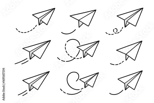 Paper airplane route. Hand drawn doodle paper plane. Flying aircraft, airline path. Freedom, travel, message symbol. Simple line art vector illustration icon set.