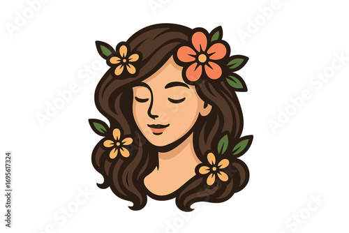 Beautiful woman with flowers in hair, floral female portrait vector illustration, peaceful girl with closed eyes, nature-inspired cartoon logo design, elegant spring concept