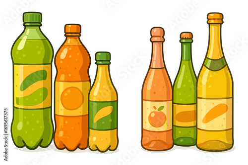 Vector cartoon set of sparkling drinks. Collection of soda, juice, and lemonade bottles. Assortment of colorful beverages in plastic and glass containers for a shop menu.