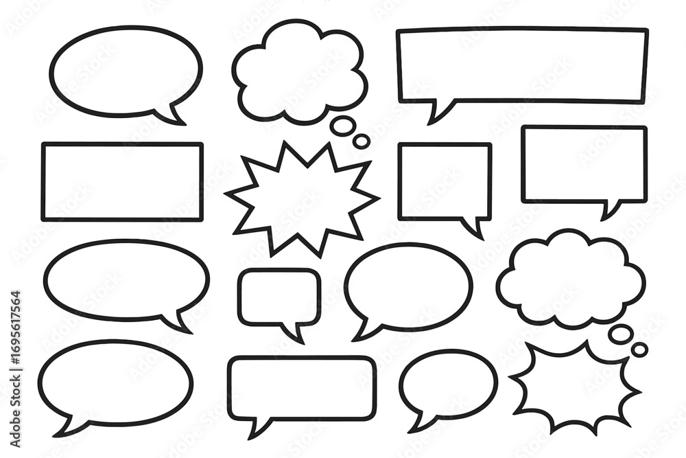 Obraz premium Comic speech bubble set. Vector cartoon illustration of various empty text boxes, thought bubbles, and dialogue balloons. Communication and graphic storytelling design elements.