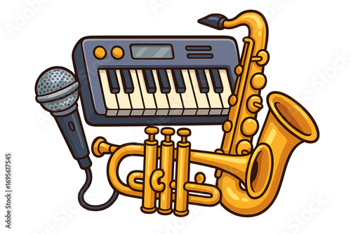 Colorful musical instruments collection with microphone, keyboard, saxophone, and trumpet in creative cartoon vector illustration, music equipment, performance and band concept