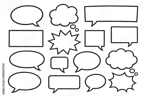 Comic speech bubble set. Vector cartoon illustration of various empty text boxes, thought bubbles, and dialogue balloons. Communication and graphic storytelling design elements.