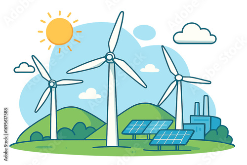 Wind turbines and solar panels generating renewable energy in a green landscape. Clean energy concept with wind power and photovoltaic cells. Eco-friendly power plant vector.