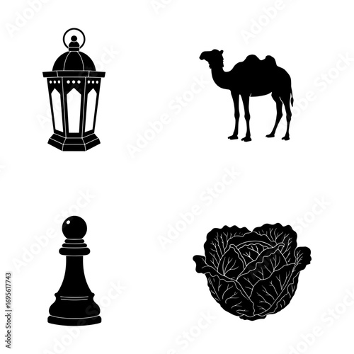 Illustration of a lantern, camel, chess piece, and cabbage arranged in a square format design
