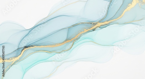 Abstract blue and gold alcohol ink wave on a white background