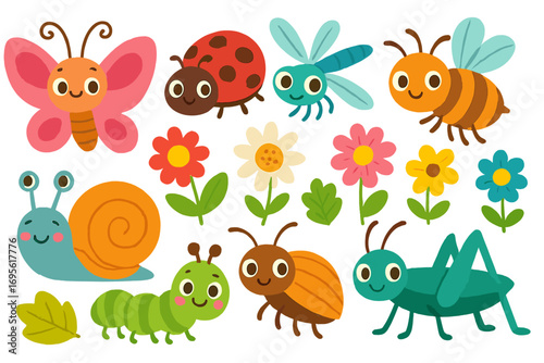 Cute cartoon insects and flowers set. Funny bugs character collection for kids. Butterfly, ladybug, bee, dragonfly, snail, caterpillar, grasshopper. Garden nature vector clip art.