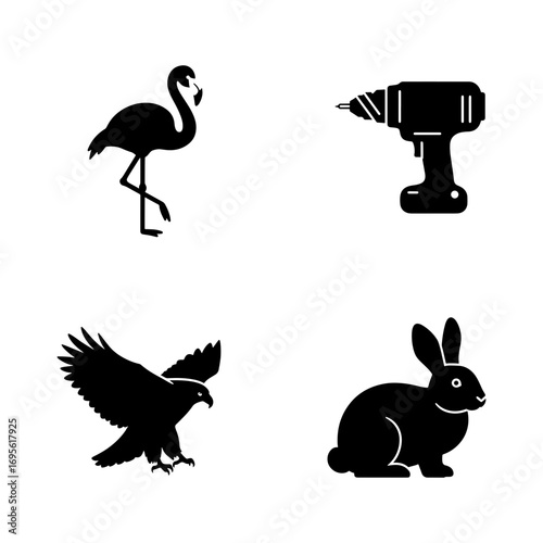 Illustration showing flamingo, drill, eagle and rabbit in black silhouette on a white background layout