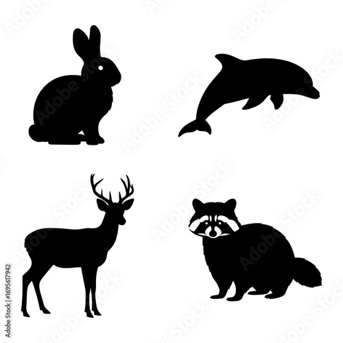 Black silhouettes of a rabbit, dolphin, deer, and raccoon arranged on a white background display nature