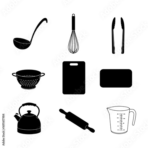 Illustration of kitchen utensils including a ladle whisk tongs colander cutting board and other items