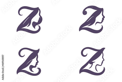 Elegant beauty hair salon logo design with stylized female face silhouette, elegant hair strands, vector cartoon illustration set, transparent background, modern brand identity concept