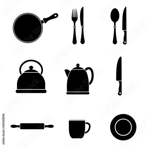 Collection of kitchen utensils including pans kettles cutlery rolling pin mug and plate in black silhouette style