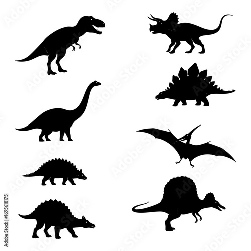 Silhouette illustration featuring a variety of different dinosaur species in black on a white background